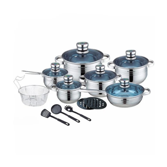 Set di pentole in acciaio inox Royalty Line 18 pezzi con coperchi in vetro termometro – Modello RL-1801B